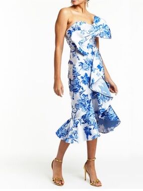 Mestiza Strapless Blue & White Floral Ruffle Midi Dress
